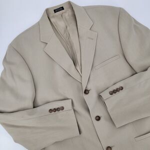Geoffrey Beene Mens Beige Tan 100% Silk Herringbone Sport Jacket Blazer 44R